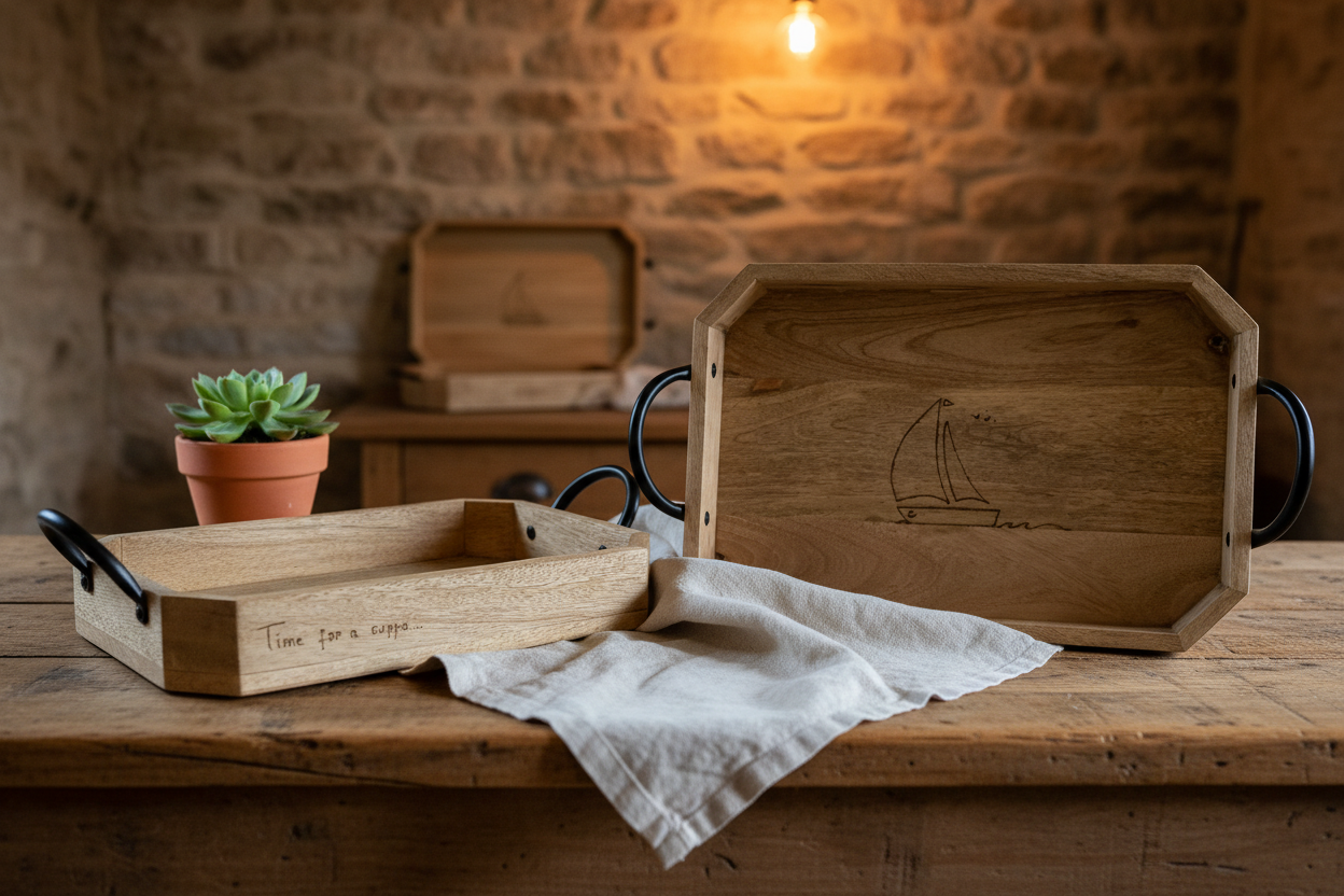 Hand-Decorated Wooden Trays in barn conversion setting