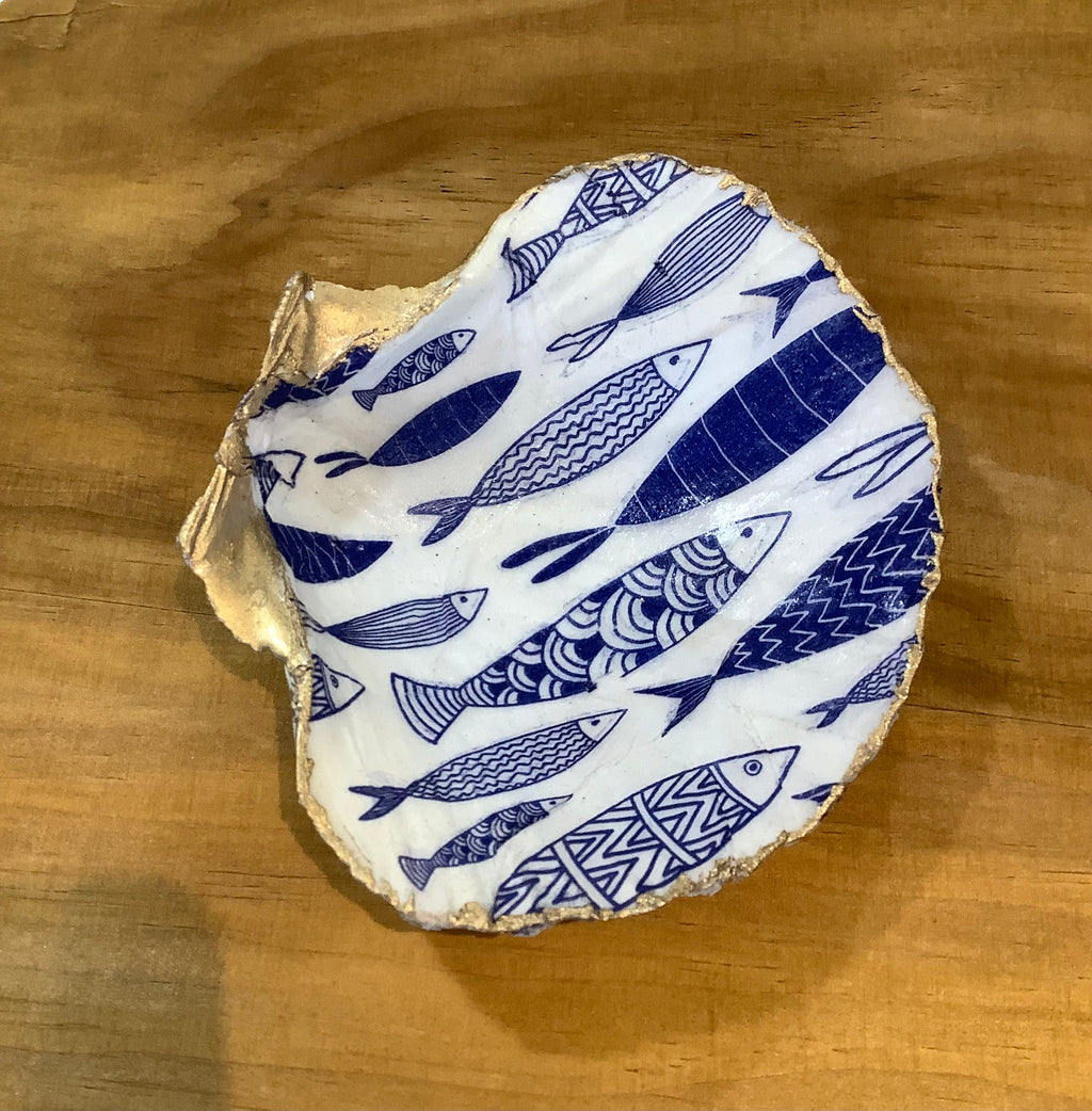 Hand-decorated scallop shell with fish design, unique coastal art gift to use as a trinket tray