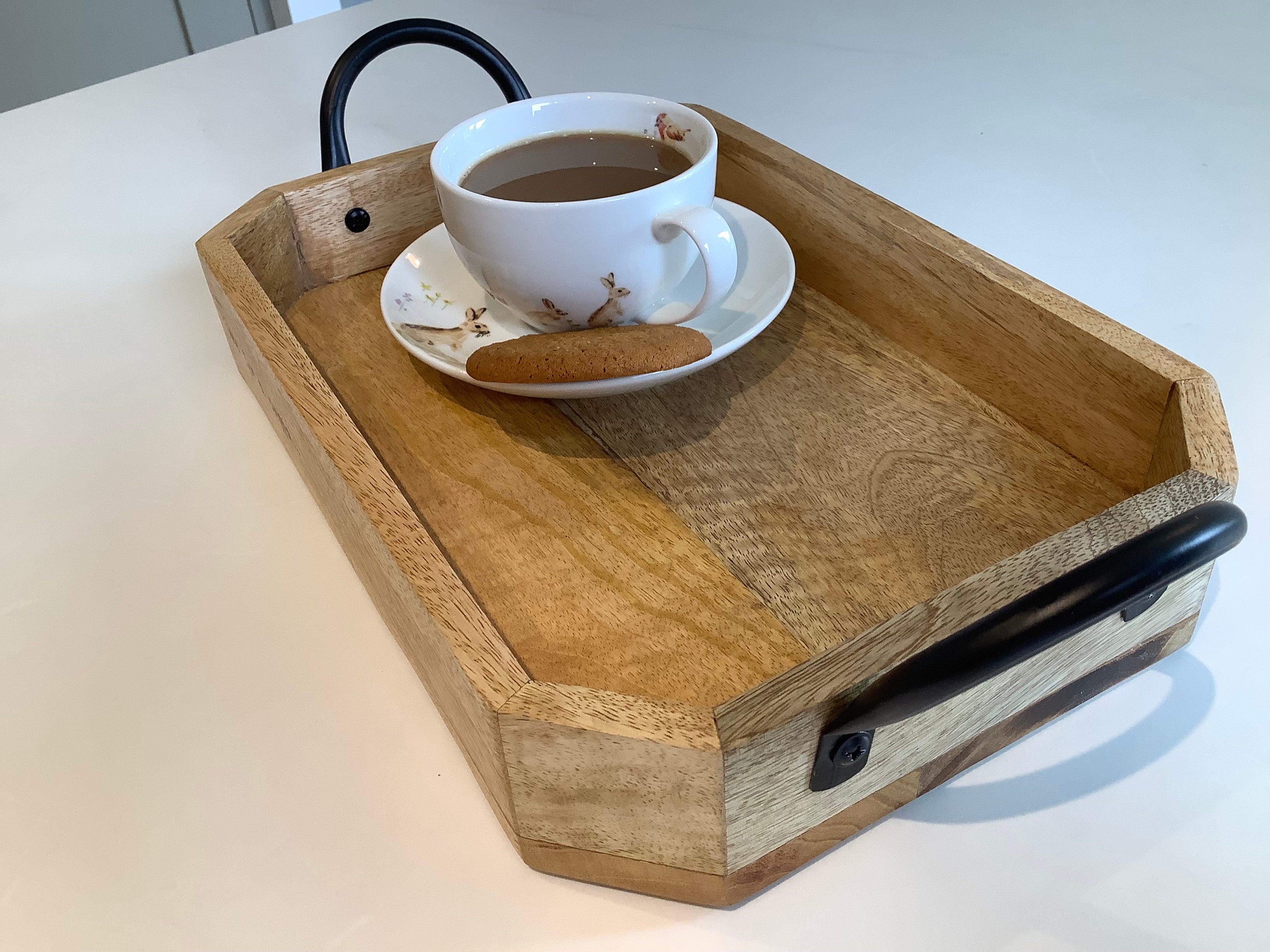 Acacia wooden tray with angled corners and iron handle detail. Ideal for  a  coffee and a biscuit, hand-decorated with pyrography with 'Time for a Cuppa' design, coastal home gift
