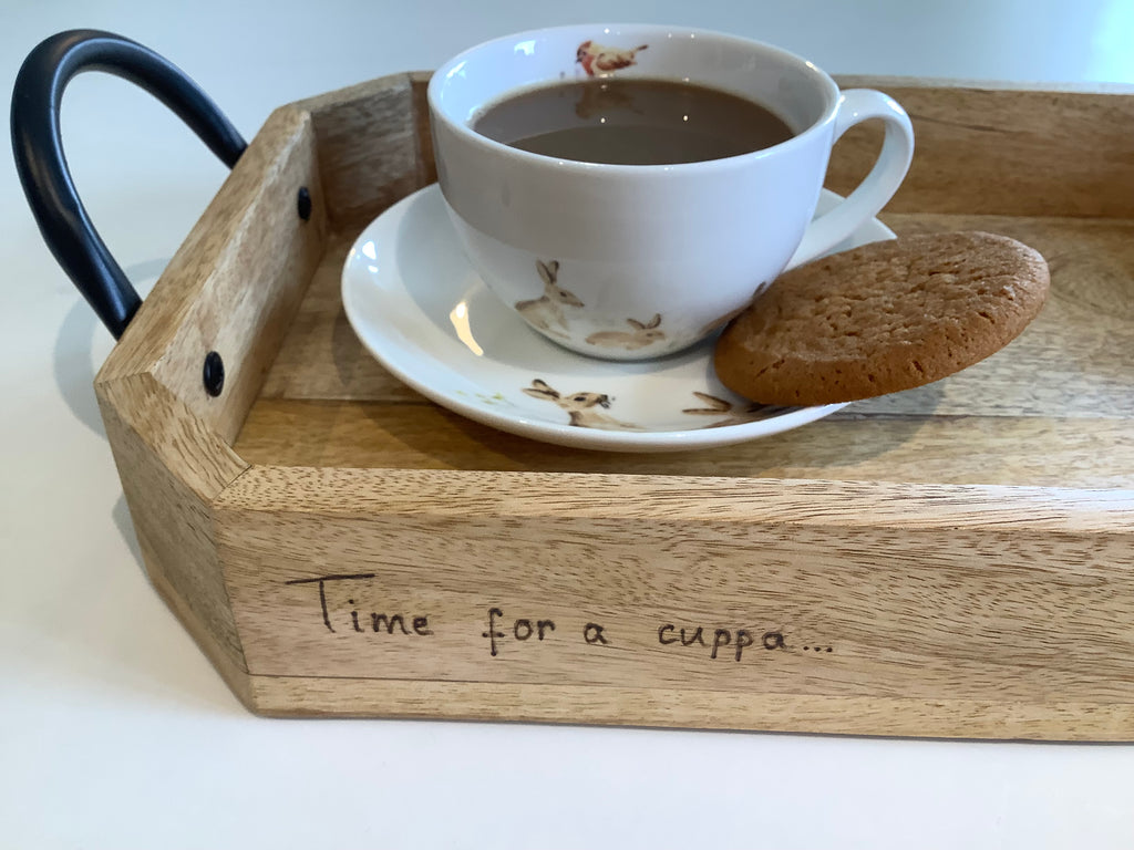 Beautiful Acacia wooden tray with iron handles and angled corners. Hand-decorated with pyrography with 'Time for a Cuppa' design, coastal home gift