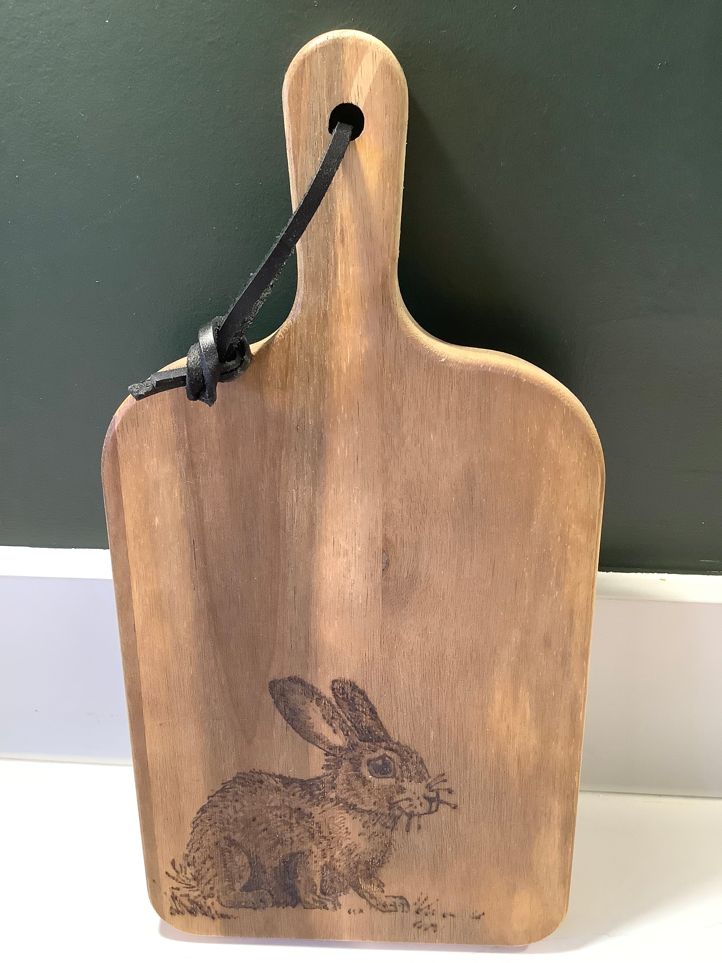 Hand-decorated Acacia wood serving board with  bunny design, handcrafted coastal gift