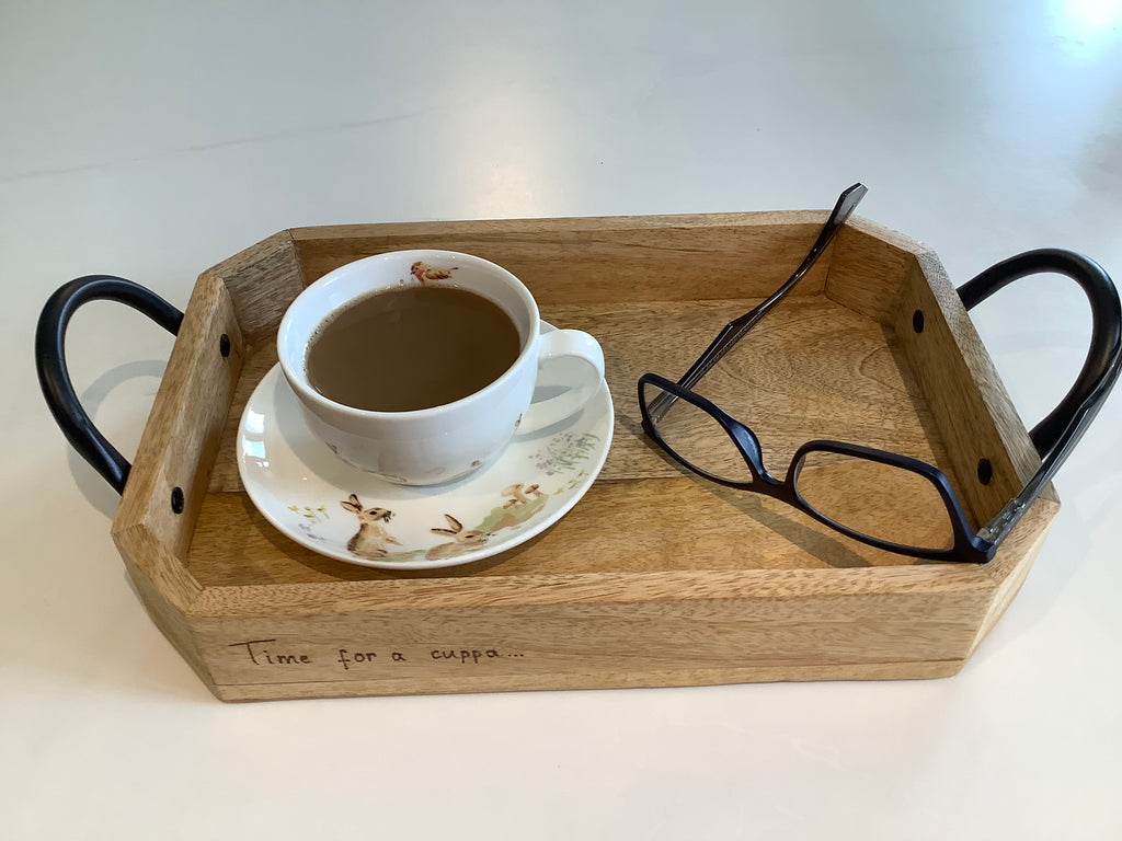 Put your feet up for a break enhanced by our Acacia wooden tray hand-decorated with pyrography with 'Time for a Cuppa' design, coastal home gift