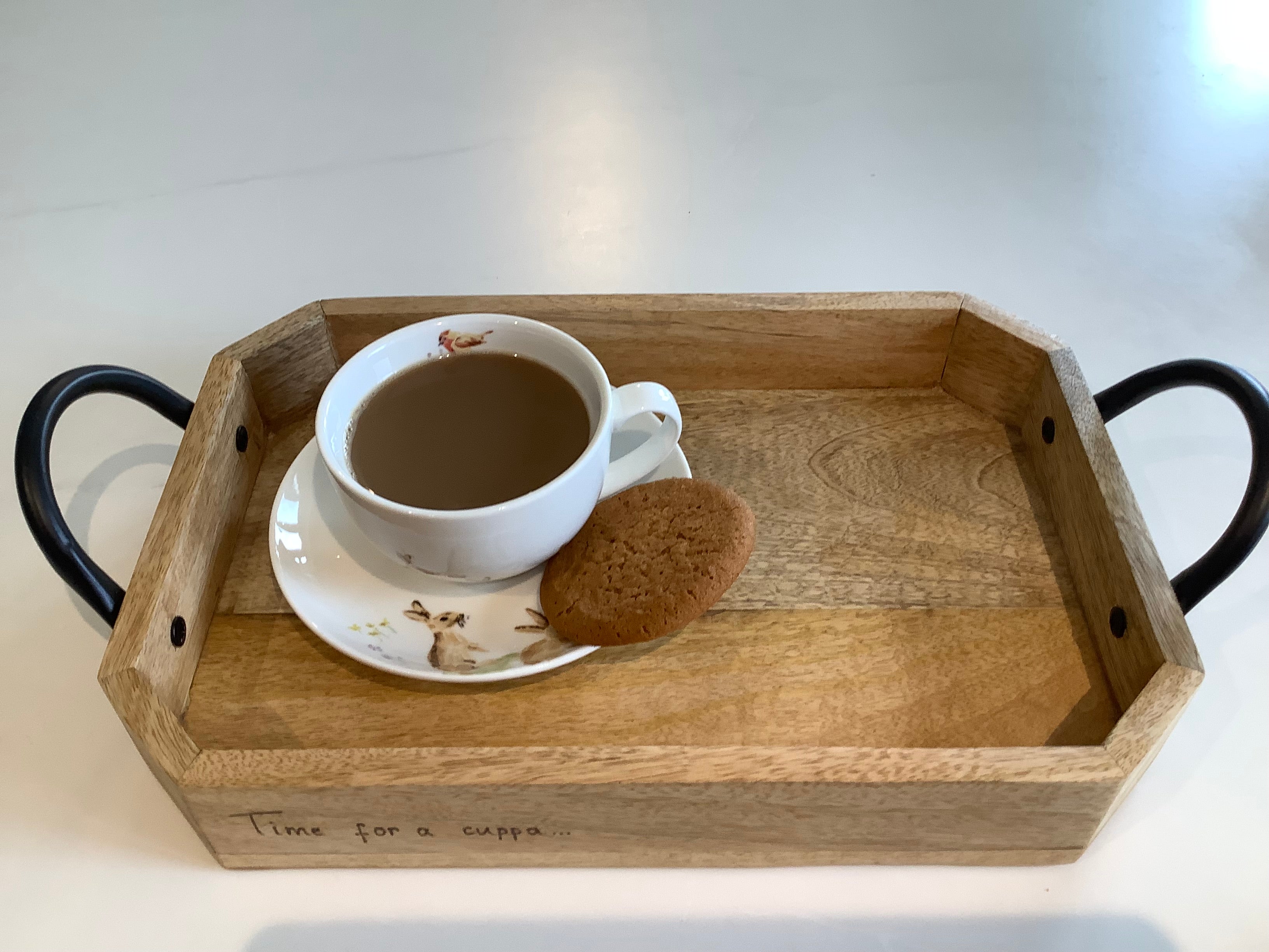 Modern Acacia wooden tray hand-decorated with pyrography with 'Time for a Cuppa' design, coastal home gift