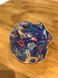 Scallop shell with a fox, dee and barn owl and toadstools on a navy background