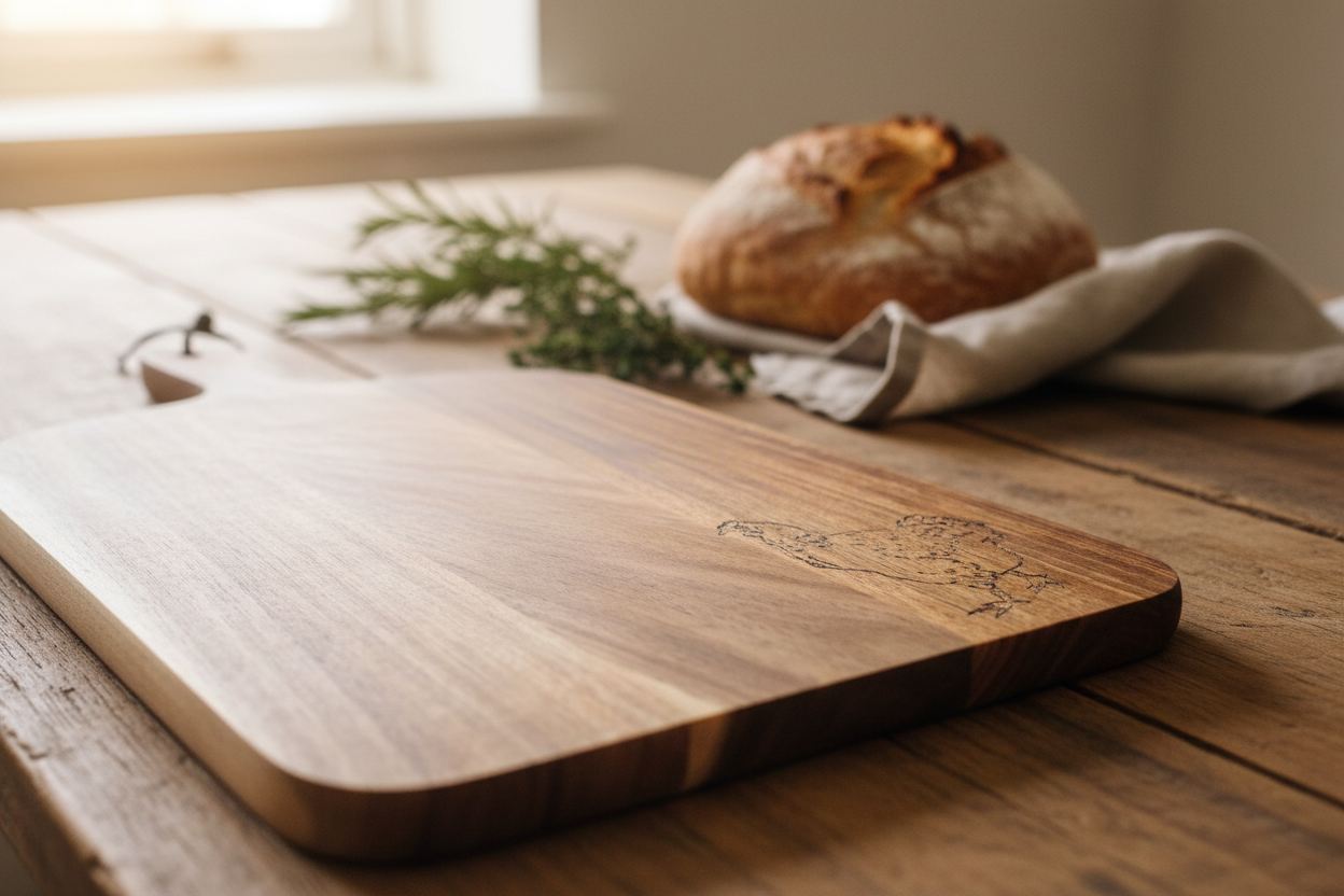 Acacia wood serving board with hand-burned Buff Orpington chicken pyrography, styled on a rustic dining table in a modern barn conversion setting