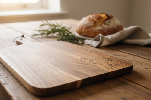 Acacia wood serving board with hand-burned Buff Orpington chicken pyrography, styled on a rustic dining table in a modern barn conversion setting