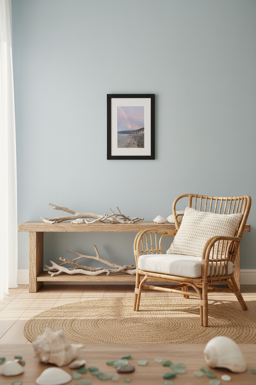 Rainbow Over The Ship coastal photography print in a black frame, displayed in a bright airy beach house interior with rattan furniture and coastal decor