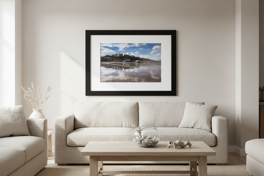 Saltburn from the Sea landscape coastal photography print in a black frame with white mount, displayed on a wall in a bright modern coastal home interior with natural linen and pale wood accents