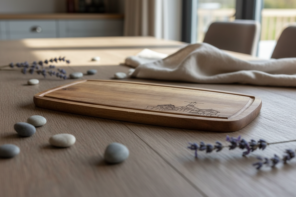 Small acacia wood serving board with hand-burned Saltburn Pier amusements pyrography illustration, styled with coastal props in a modern barn conversion dining setting