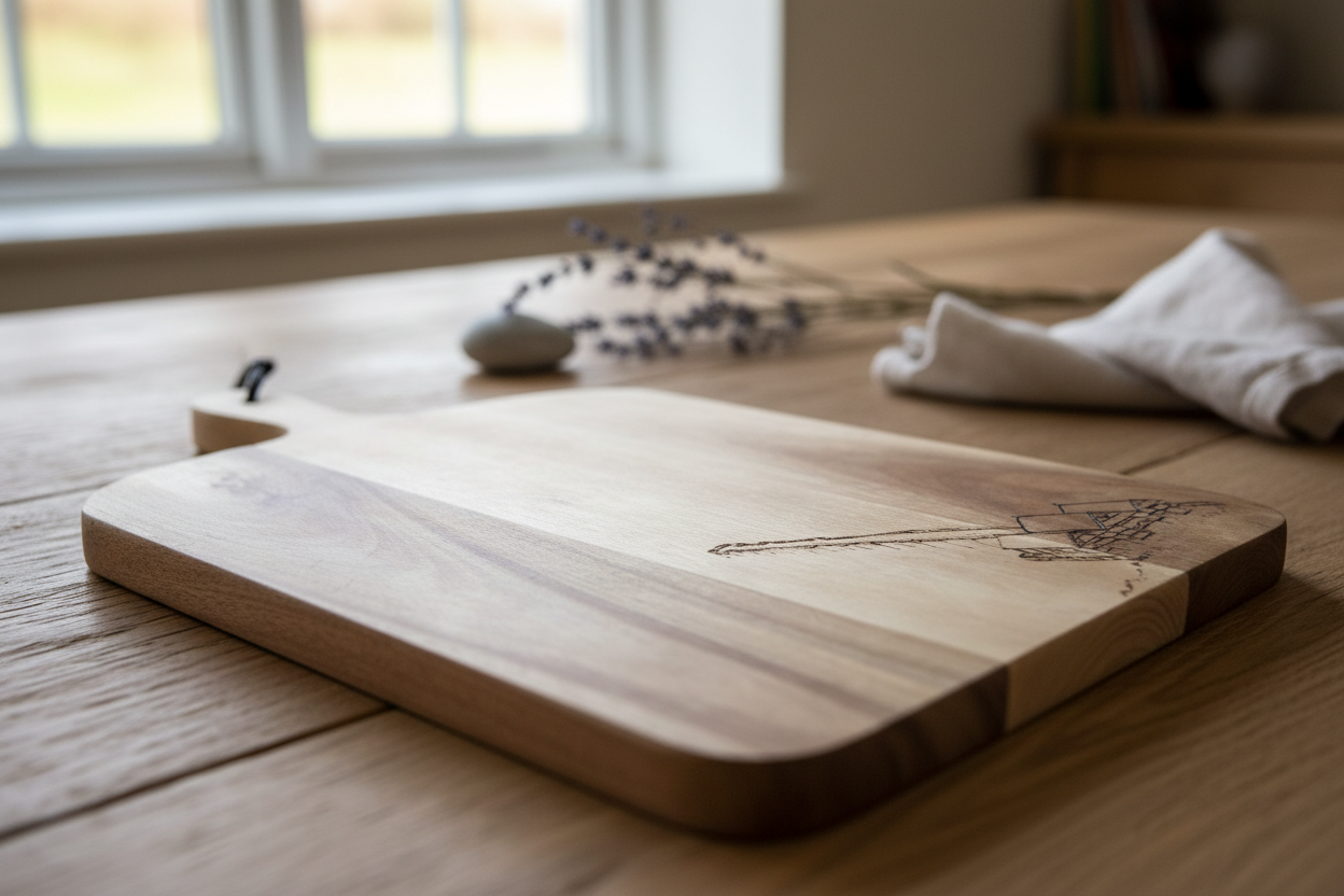 Acacia wood serving board with hand-burned Saltburn Pier pyrography illustration, styled with coastal props in a modern barn conversion dining setting